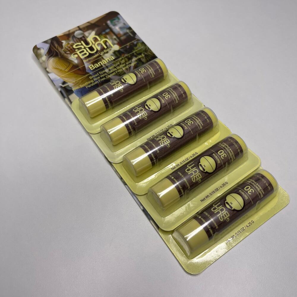 Set of 5 — Sun Bum Broad Spectrum SPF 30 Sunscreen Lip Balm w/ Aloe — Banana NEW